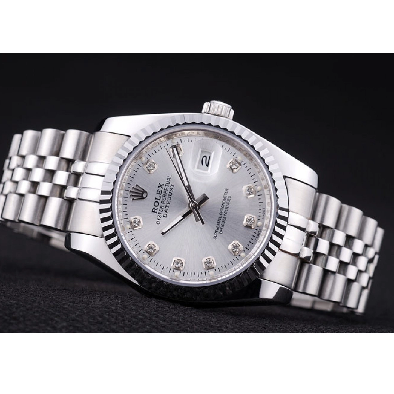 Aaa replica watch Datejust Dial 7455 Silver Rolex Diamonds Ribbed Bezel 0806